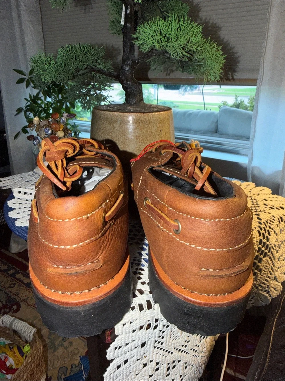 Rocky Men’s 9.5 Leather Boat Shoes Brown Vibram Lug Sole Moc Toe.